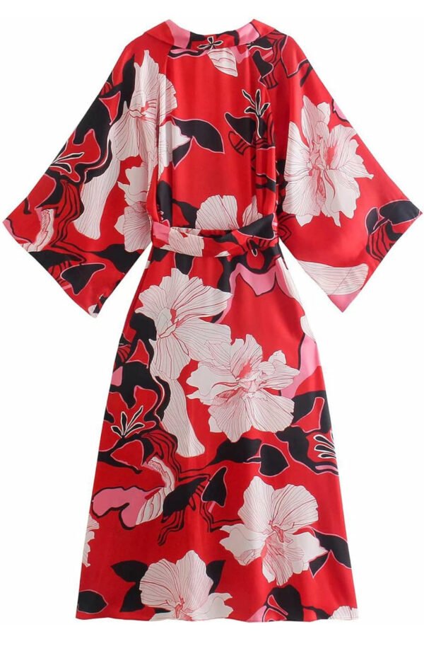 “Midi Kimono-Style Dress with Red Floral Patterns for a Bold Look”