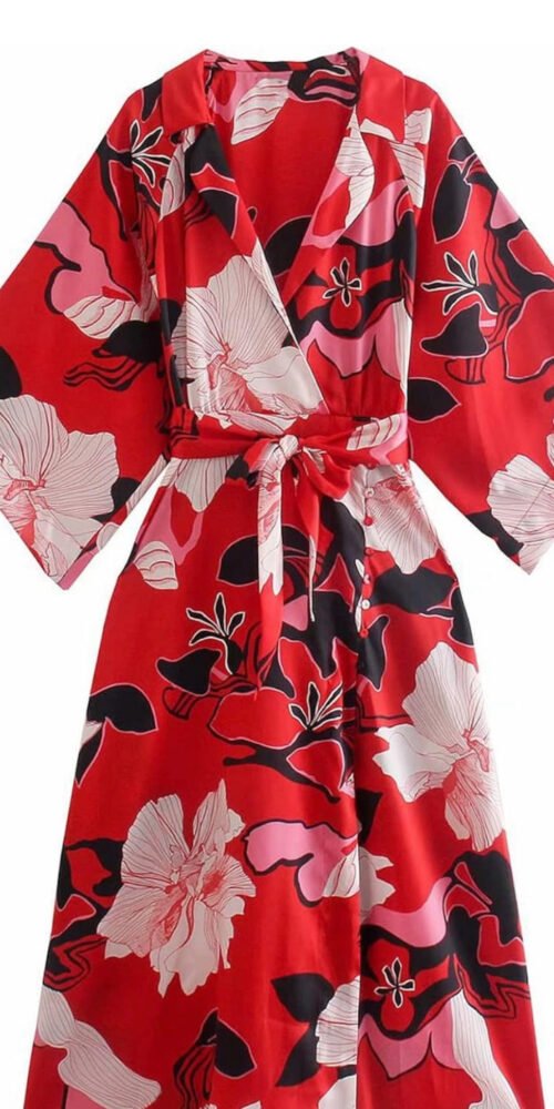 “Midi Kimono-Style Dress with Red Floral Patterns for a Bold Look”