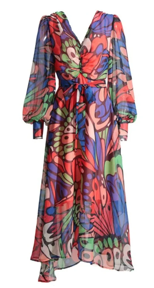 ‏ Vibrant Butterfly Chiffon Dress