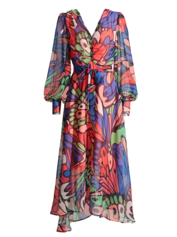 ‏ Vibrant Butterfly Chiffon Dress