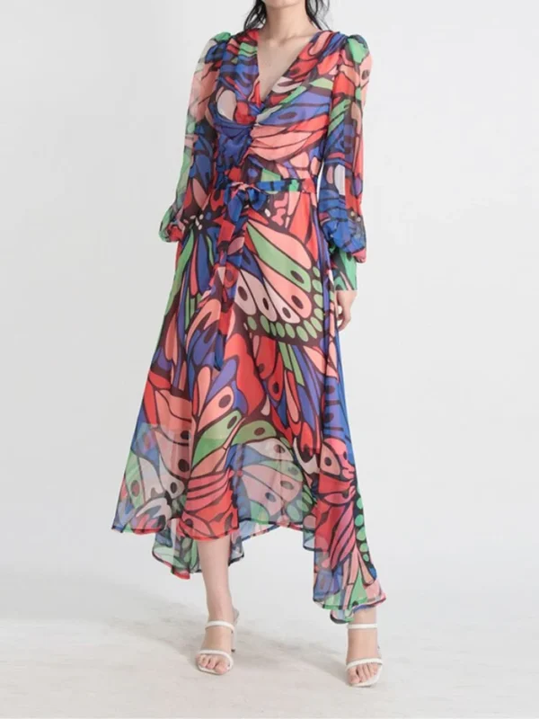 ‏ Vibrant Butterfly Chiffon Dress