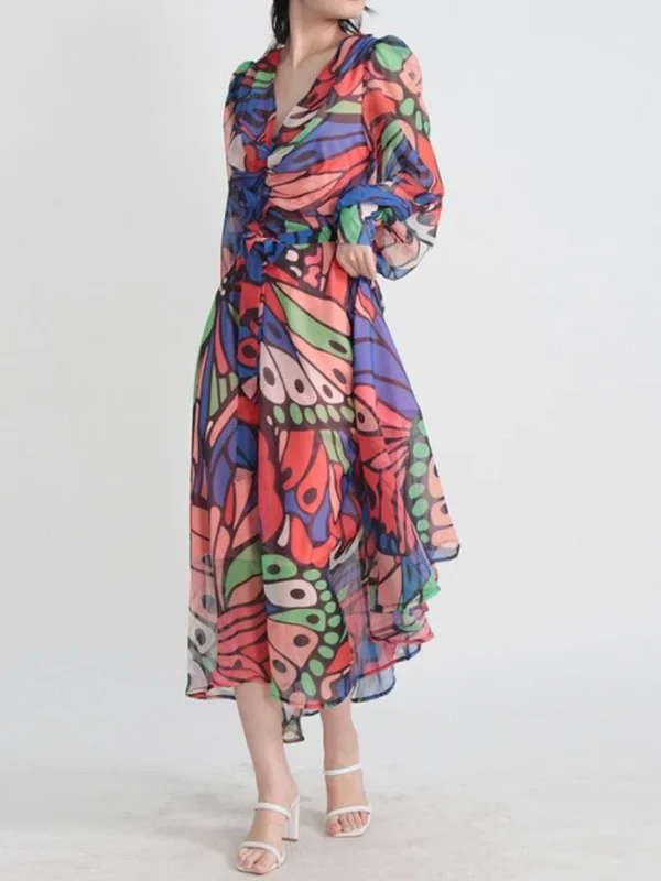 ‏ Vibrant Butterfly Chiffon Dress
